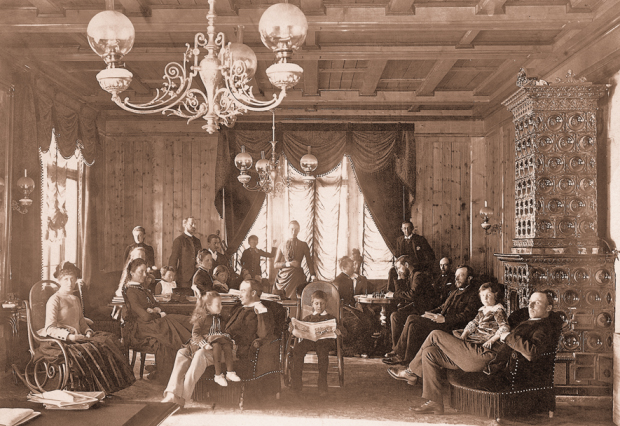 High society gathering in 19th century at Kulm Hotel St. Moritz