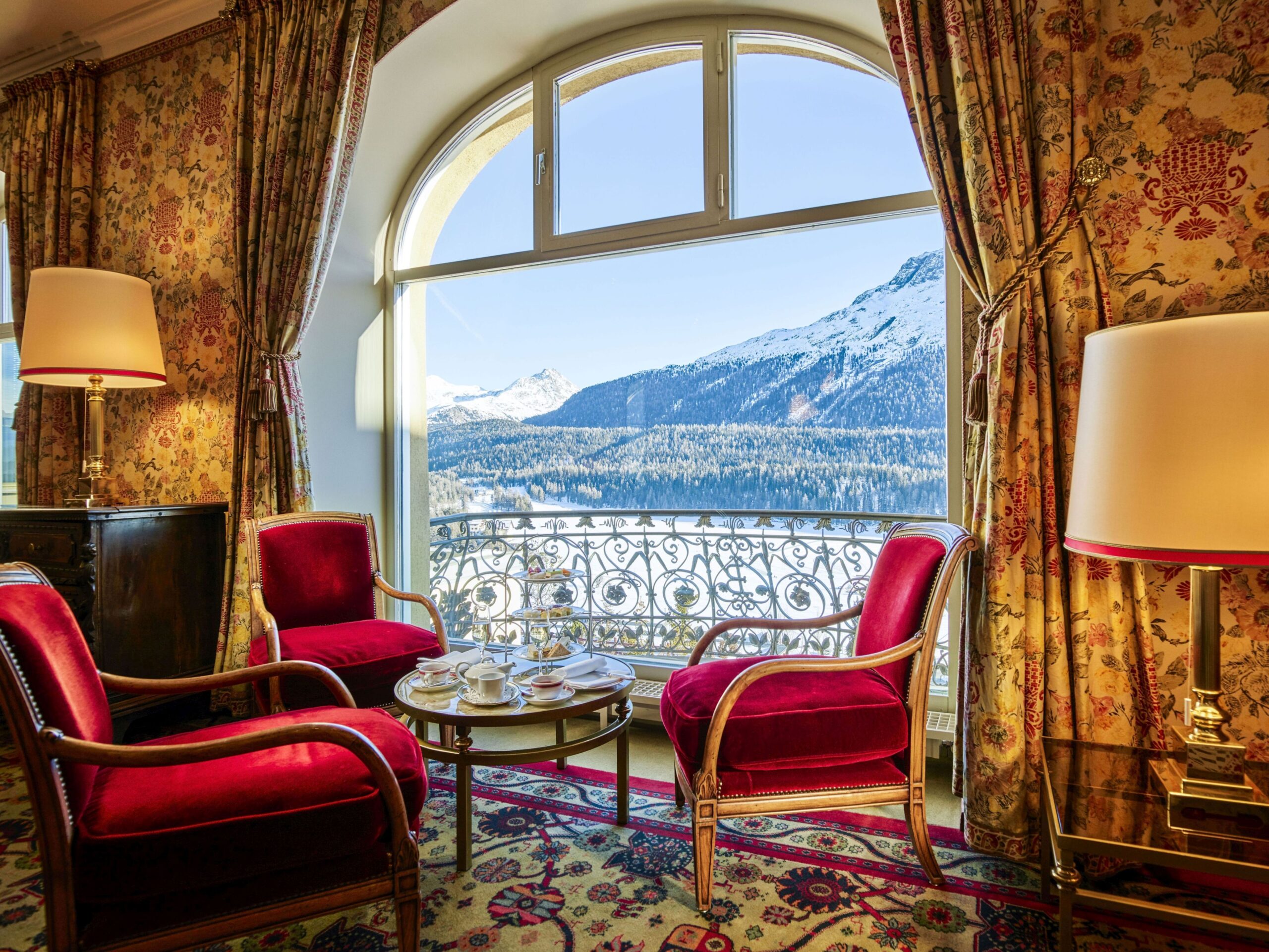panoramic views across Lake St. Moritz from the Kulm's lobby lounge